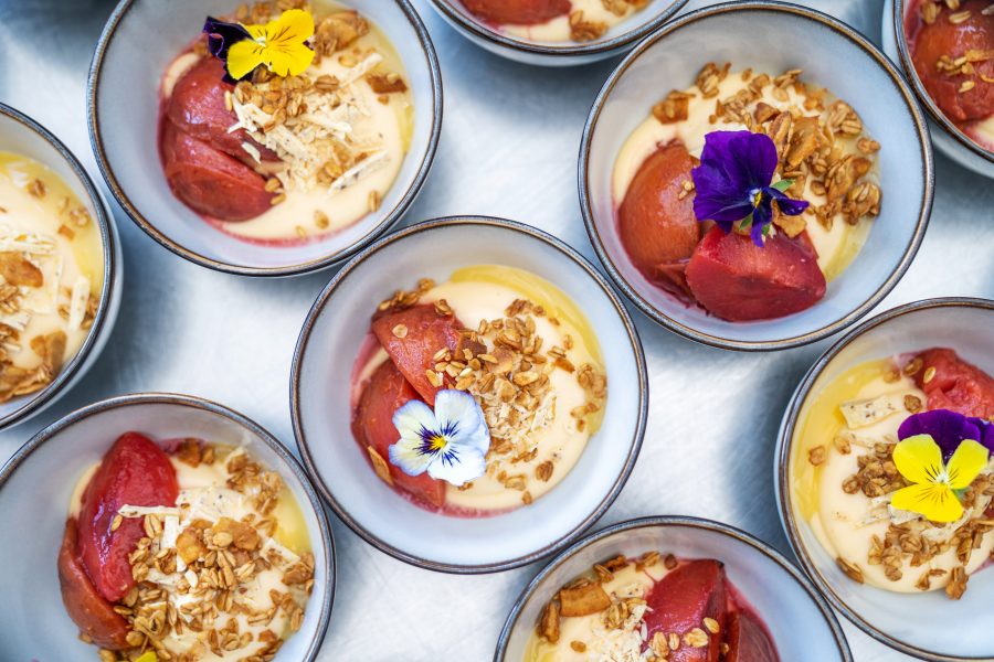 lemon posset and stewed plums dessert